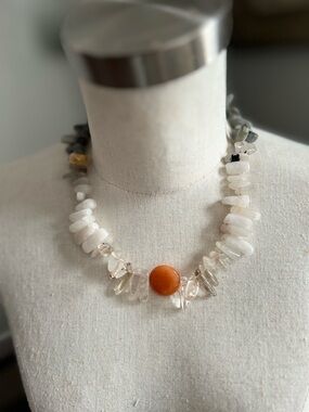 White Crystal Chip Necklace with Orange Center Accent